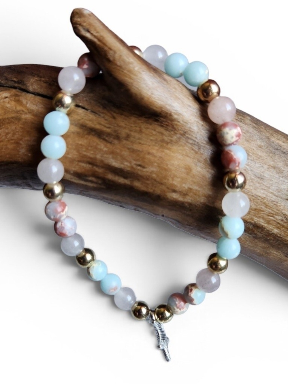 Blue Agalmatolite Beaded Stretch Bracelet With Starfish Charm
